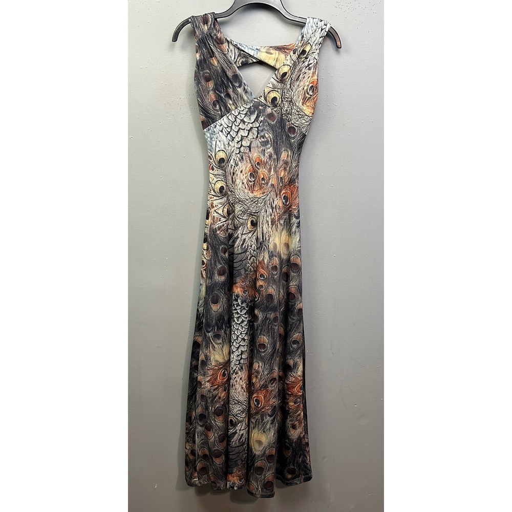 MT Collection Maxi Dress Women Small Peacock Print Sleeveless V-Neck Keyhole